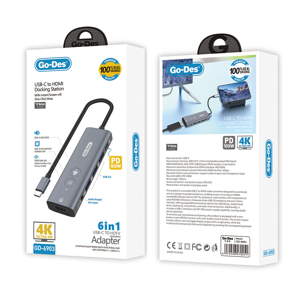 Go Des GD-6903 Type-C Bağlantılı 6in1 Hub Adaptör USB3.0/Hdmi/PD 100W/3.5mm/4K Ultra HD 30hz/5Gbps Go Des GD-6903 Type-C Bağlantılı 6in1 Hub Adaptör USB3.0/Hdmi/PD 100W/3.5mm/4K Ultra HD 30hz/5Gbps